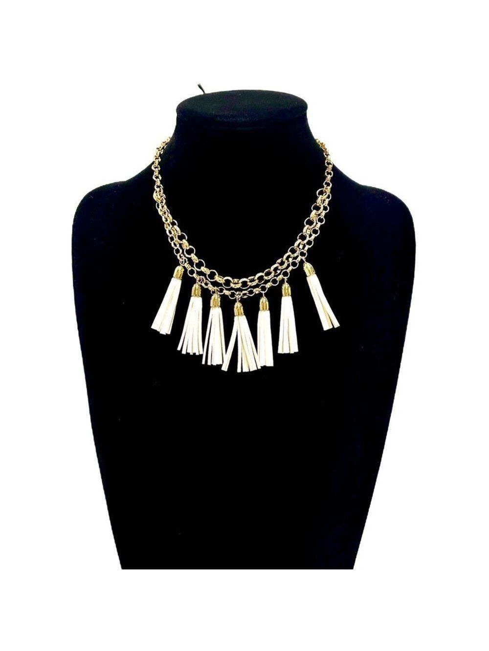 THE LIMITED Gold & White Leather Tassel Layered Necklace | NWT